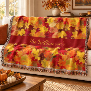 Watercolor Fall Leaves - Vintage Autumn w/ Name Throw Blanket