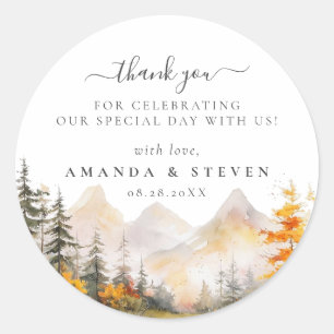 Watercolor Fall Mountain Pine Forest Wedding Classic Round Sticker
