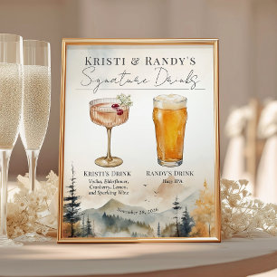 Watercolor Fall Mountain Wedding Drinks Bar Sign
