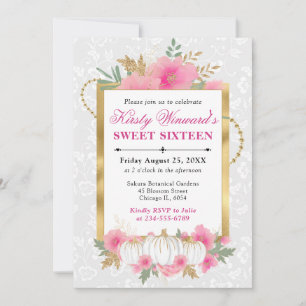Watercolor Fall Pink Floral Pumpkin Sweet 16 Invitation