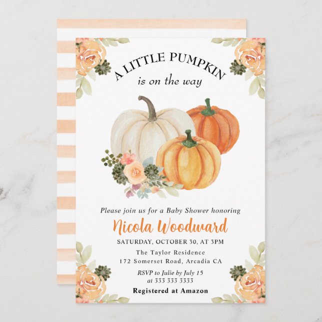 Watercolor Fall Pumpkin and Cactus Baby Shower Invitation (Front/Back)