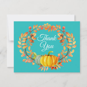 Watercolor Fall Pumpkin Aqua Thank You card