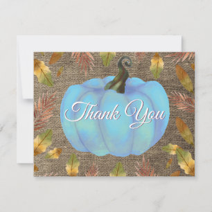 Watercolor Fall Pumpkin Burlap Blue Thank You card