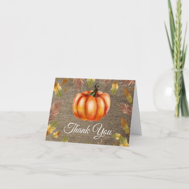 Watercolor Fall Pumpkin Burlap Orange Thank You Card (Front)