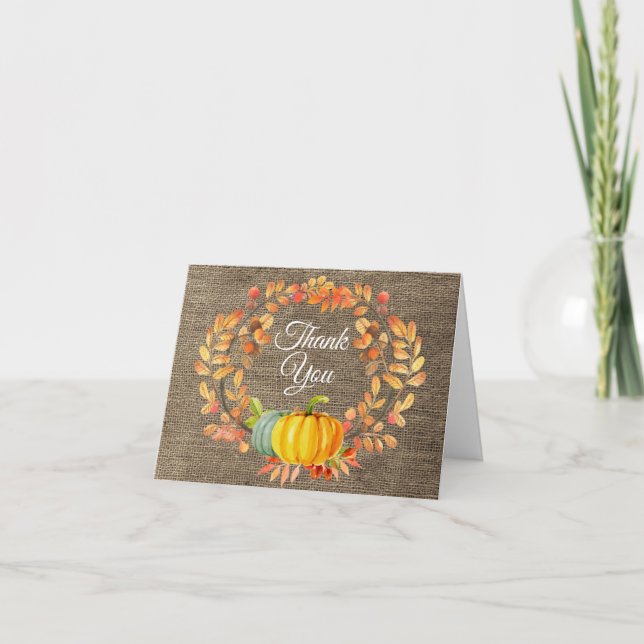 Watercolor Fall Pumpkin Burlap Thank You card (Front)