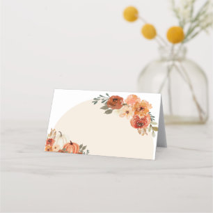 Watercolor Fall Pumpkin Burnt Orange Autumn Floral Place Card