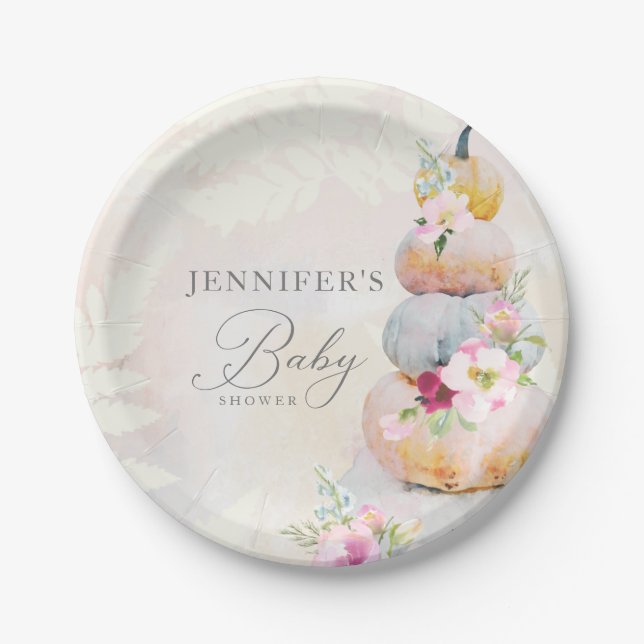 Watercolor Fall Pumpkin Girl Baby Shower Paper Plate (Front)