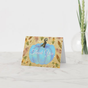 Watercolor Fall Pumpkin Gold Glitter Blue Thank You Card
