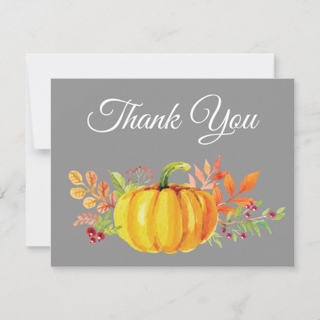 Watercolor Fall Pumpkin Grey Thank You card (Front)