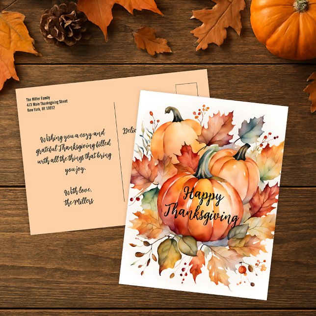 Watercolor Fall Pumpkin Harvest Thanksgiving Postcard (Creator Uploaded)