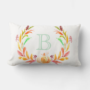 Watercolor Fall Pumpkin & Laurels Initial Letter Lumbar Cushion