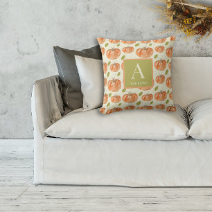 Watercolor Fall Pumpkin Patch Monogram Cushion
