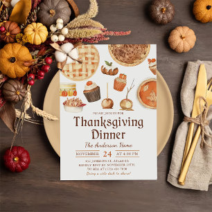Watercolor Fall Pumpkin Pie Thanksgiving Dinner Invitation