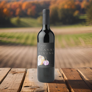 Watercolor Fall Pumpkin Thanksgiving Black Wine Label
