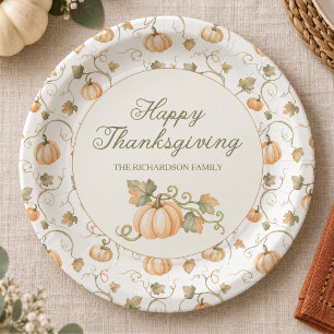 Watercolor Fall Pumpkin Thanksgiving Dinner Paper Plate