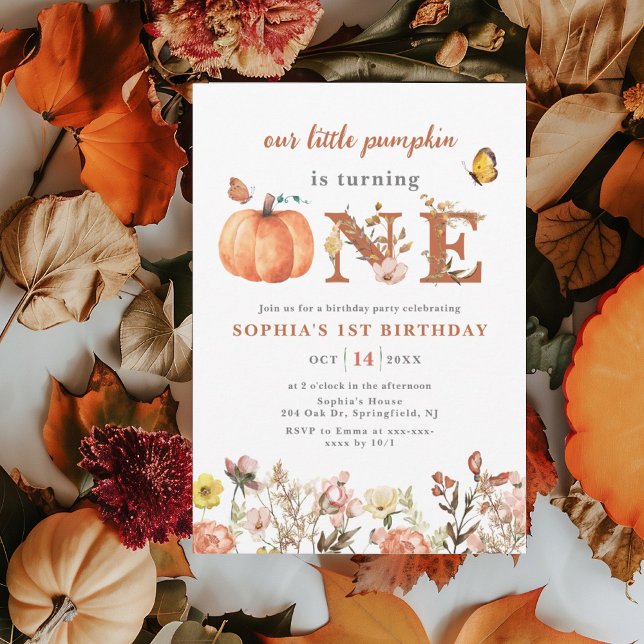 Watercolor Fall Pumpkin Wildflower 1st Birthday Invitation (Creator Uploaded)