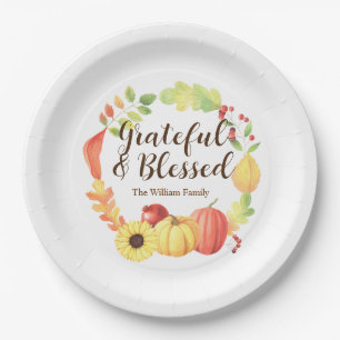 Watercolor Fall Pumpkin Wreath Autumn Thanksgiving Paper Plate