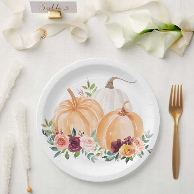 Watercolor Fall Pumpkins and Boho Flowers Paper Plate (Wedding)
