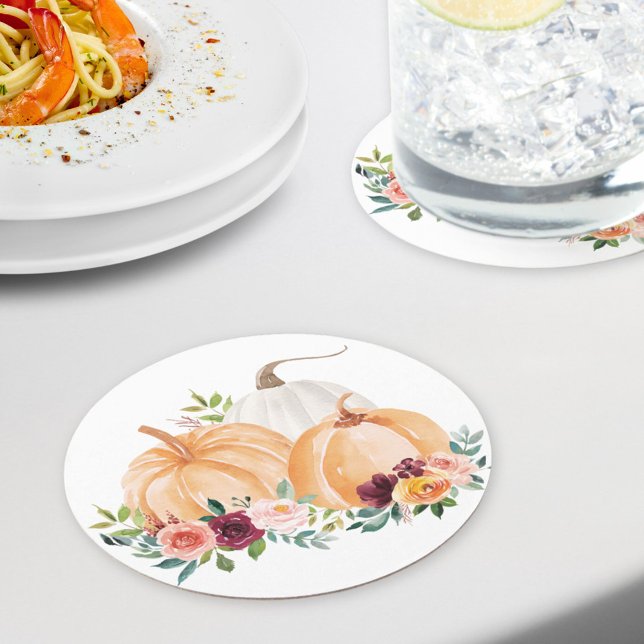 Watercolor Fall Pumpkins and Boho Flowers Round Paper Coaster (In situ dining table)