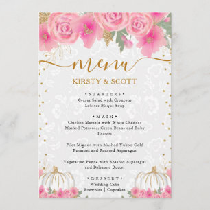Watercolor Fall Pumpkins and Pink Flowers Wedding Menu