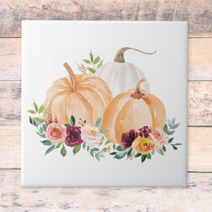 Watercolor Fall Pumpkins Boho Flowers Ceramic Tile