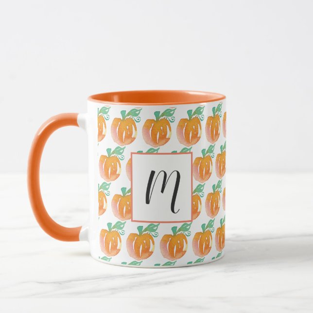 Watercolor Fall Pumpkins Orange Initial Name Mug (Left)