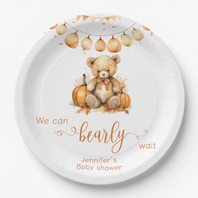 Watercolor Fall teddy bear pumpkin  baby shower Paper Plate (Front)
