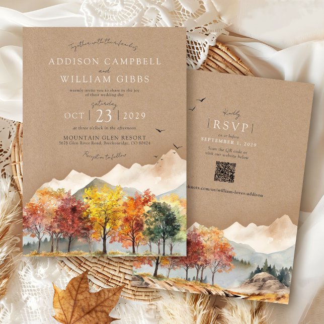 Watercolor Fall Tree Mountain Rustic Kraft Wedding Invitation (Rustic kraft elegant Fall Trees watercolor forest mountain landscape QR code wedding invitation)