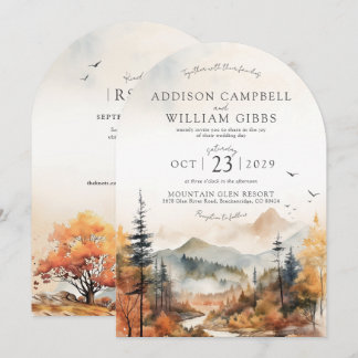 Watercolor Fall Tree Mountain Scene Arch Wedding Invitation