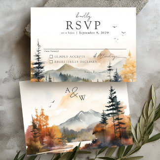 Watercolor Fall Tree Mountain Scene Simple Wedding RSVP Card