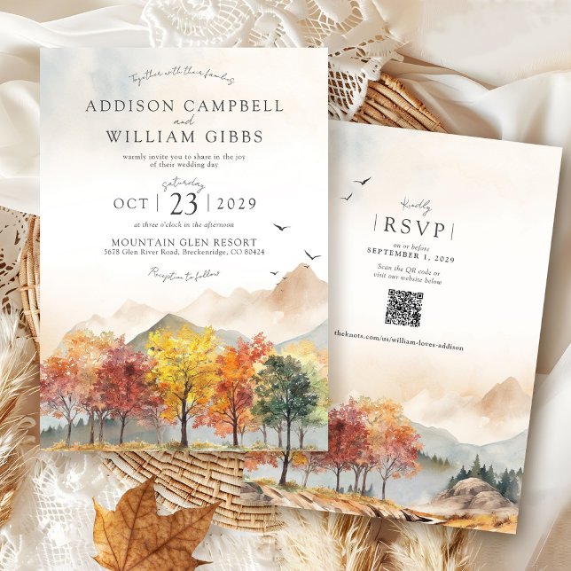 Watercolor Fall Trees Mountain Autumn Boho Wedding Invitation (Elegant watercolor Fall Trees forest mountain landscape terracotta Autumn QR code wedding invitation)