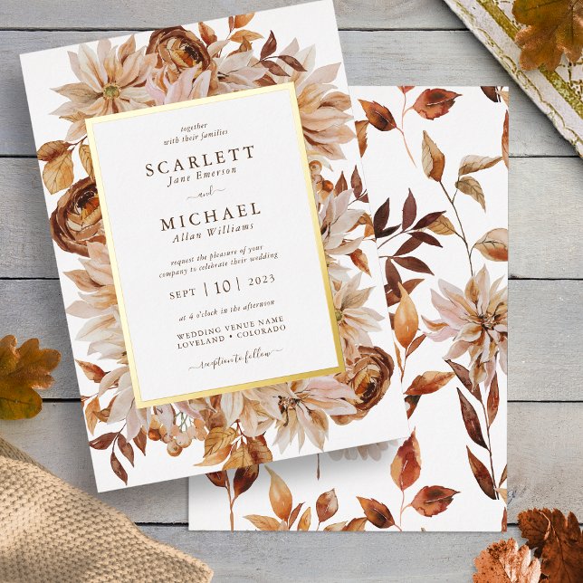 Watercolor Fall Wedding (White Watercolor Fall Leaves Wedding Foil Invitation by Painted Paperie
)