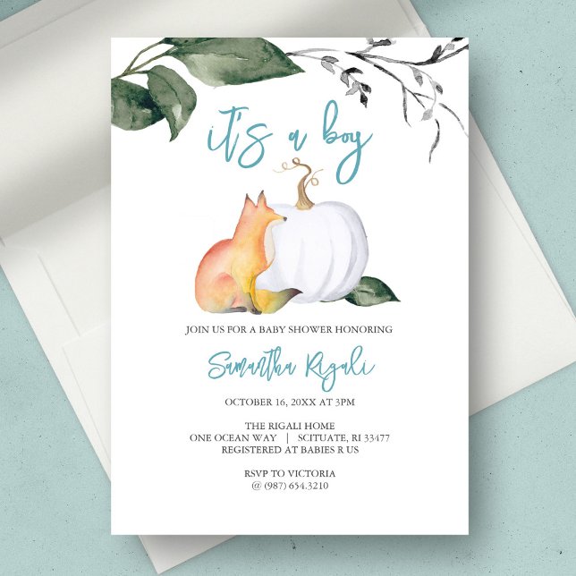 Watercolor Fall Woodland Baby Boy Shower Invitation (baby shower invitation fall boy fox white pumpkin)