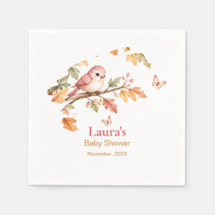 Watercolor Fall Woodland Bird & Autumn Leaves Napkin