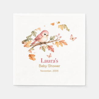 Watercolor Fall Woodland Bird & Autumn Leaves Napkin