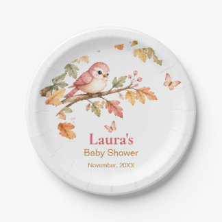 Watercolor Fall Woodland Bird & Autumn Leaves Paper Plate
