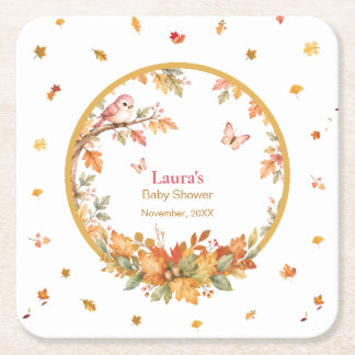 Watercolor Fall Woodland Bird & Autumn Leaves Square Paper Coaster