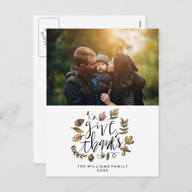 Watercolor Fall Wreath Thanksgiving Photo Holiday Postcard (Front/Back)