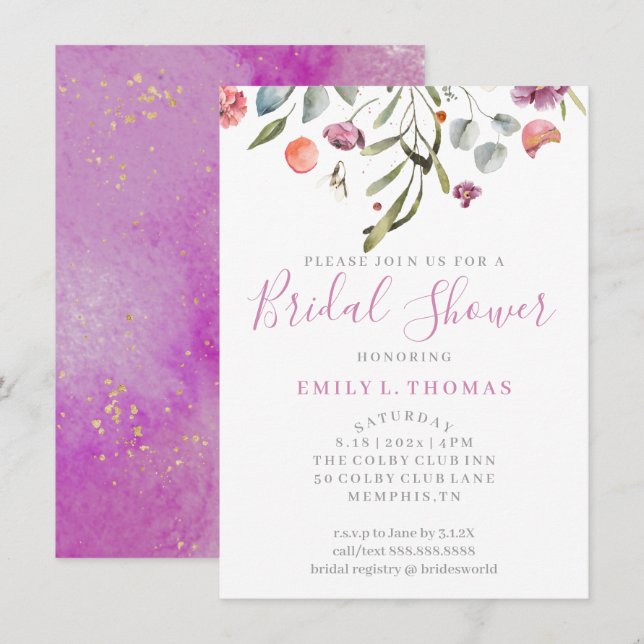 Watercolor Falling Flowers Bridal Shower Purple In Invitation (Front/Back)