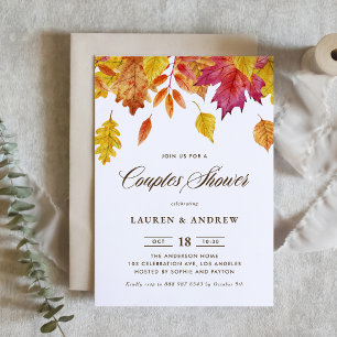 Watercolor Falling Leaves Autumn Couples Shower Invitation