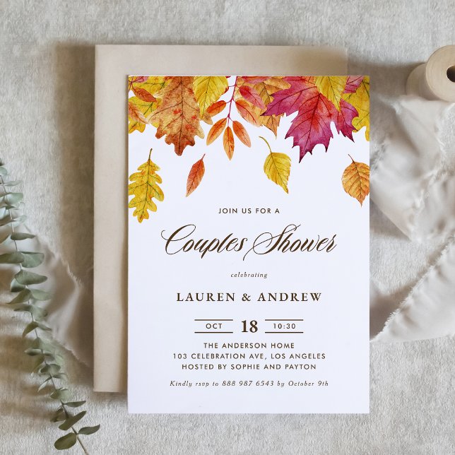 Watercolor Falling Leaves Autumn Couples Shower Invitation (Creator Uploaded)