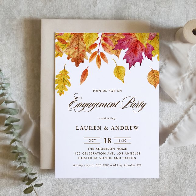 Watercolor Falling Leaves Autumn Engagement Party Invitation (Creator Uploaded)