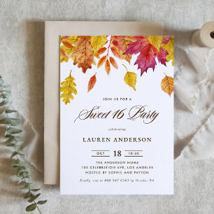Watercolor Falling Leaves Autumn Sweet 16 Party Invitation