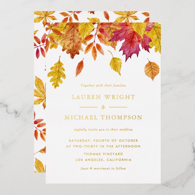 Watercolor Falling Leaves Autumn Wedding (Front/Back)