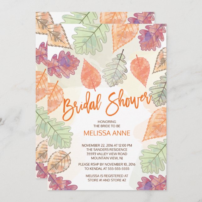 Watercolor Falling Leaves Bridal Shower Invitation (Front/Back)