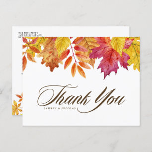 Watercolor Falling Leaves Fall Wedding Thank You Postcard