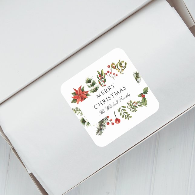 Watercolor Family Christmas Holidays Square Sticker (Christmas Red Berries Botanical Greenery Script Envelope Seal Sticker)