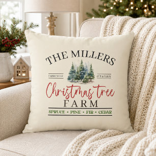 Watercolor Family Name Christmas Tree Farm Cushion