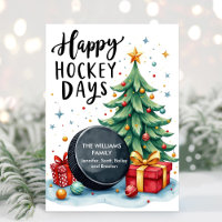 Watercolor Family Name Hockey Christmas Card