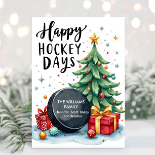 Watercolor Family Name Hockey Christmas Card